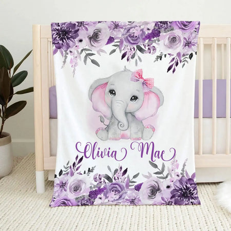 Personalized Baby Girl Blanket Elephant Baby Blanket Floral Baby Blan